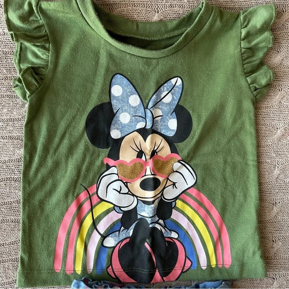 EUC Disney Baby Girl Outfit Set, Minnie Mouse Green, Blue, & Rainbows, 24 Months